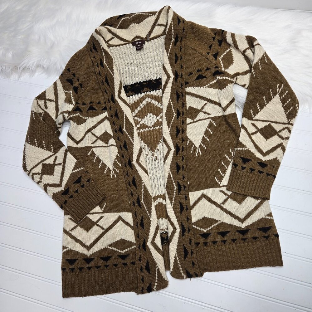 Escio Southwestern Tribal Aztec Brown Cream Sweater Cardigan Women's Size Medium
